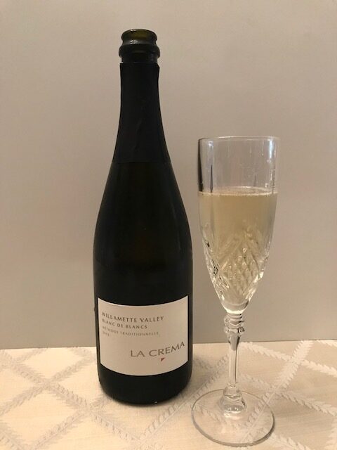 Photo of La Crema Willamette Valley Blanc de Blanc 2015 bottle and flute